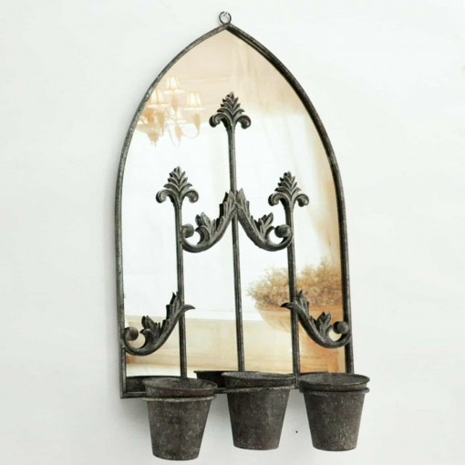 60cm RUSTY WALL MIRROR WITH TRIPLE PLANTER