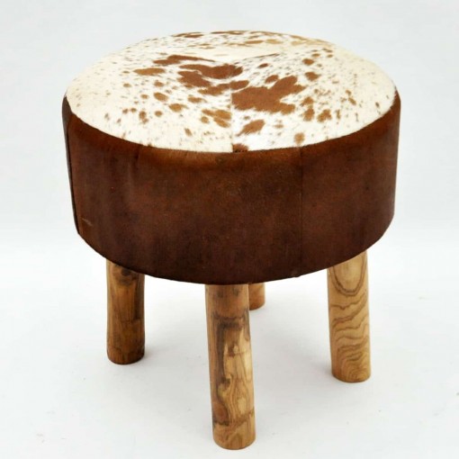 TAN AND WHITE COW-HIDE STOOL 45x43x43cm