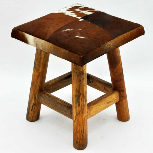 TAN AND WHITE COW-HIDE STOOL 42x36x36cm